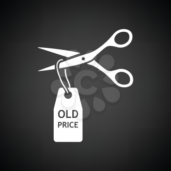 Scissors cut old price tag icon. Black background with white. Vector illustration.