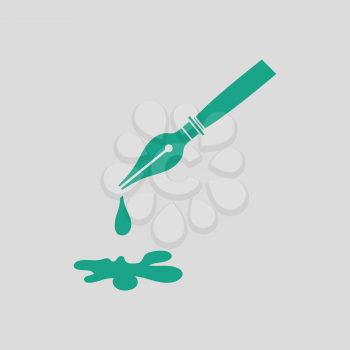 Fountain pen with blot icon. Gray background with green. Vector illustration.