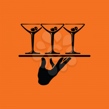 Waiter hand holding tray with martini glasses icon. Orange background with black. Vector illustration.