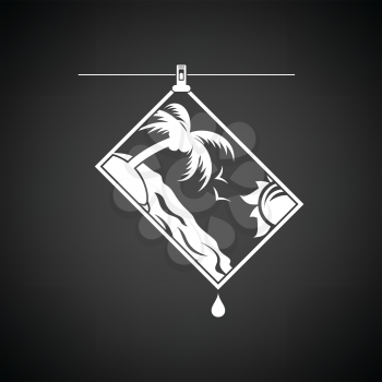 Icon of photograph drying on rope. Black background with white. Vector illustration.