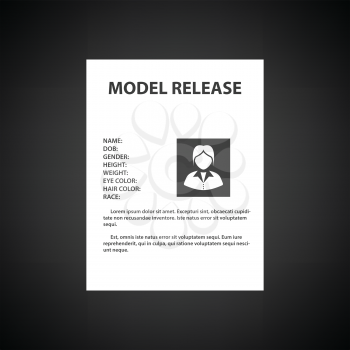 Icon of model release document. Black background with white. Vector illustration.