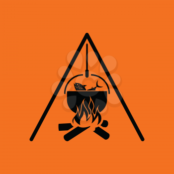 Icon of fire and fishing pot. Orange background with black. Vector illustration.