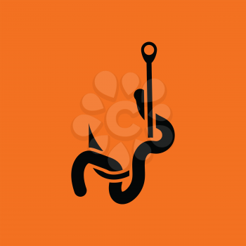 Icon of worm on hook. Orange background with black. Vector illustration.