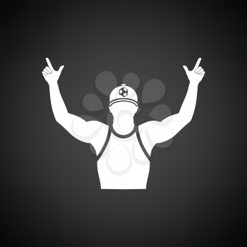 Football fan with hands up icon. Black background with white. Vector illustration.