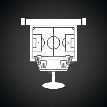 Sport bar table with mugs of beer and football translation on projection screen icon. Black background with white. Vector illustration.