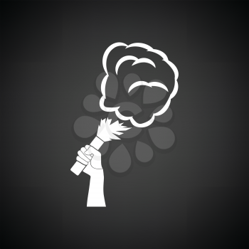 Football fans hand holding burned flayer with smoke icon. Black background with white. Vector illustration.
