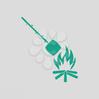 Camping fire with roasting marshmallow icon. Gray background with green. Vector illustration.