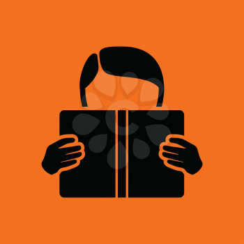 Boy reading book icon. Orange background with black. Vector illustration.