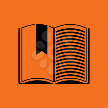 Open book with bookmark icon. Orange background with black. Vector illustration.