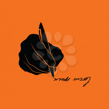 Signing hand icon. Orange background with black. Vector illustration.