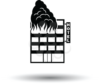 Hotel building in fire icon. White background with shadow design. Vector illustration.