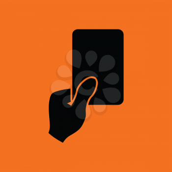 Soccer referee hand with card  icon. Orange background with black. Vector illustration.
