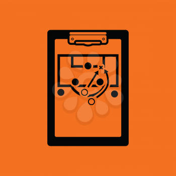 Soccer coach tablet with scheme of game icon. Orange background with black. Vector illustration.