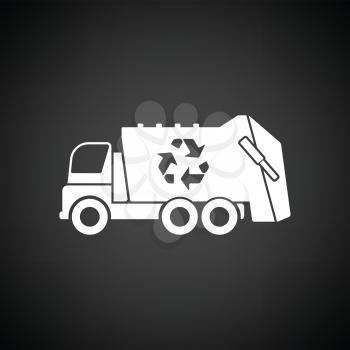 Garbage car recycle icon. Black background with white. Vector illustration.
