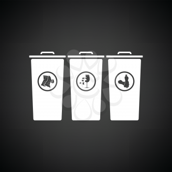 Garbage containers with separated trash icon. Black background with white. Vector illustration.