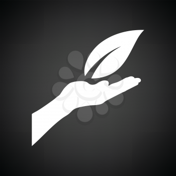 Hand holding leaf icon. Black background with white. Vector illustration.