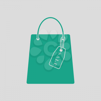 Shopping bag with sale tag icon. Gray background with green. Vector illustration.
