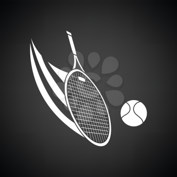 Tennis racket hitting a ball icon. Black background with white. Vector illustration.