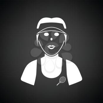 Tennis woman athlete head icon. Black background with white. Vector illustration.