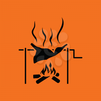 Roasting meat on fire icon. Orange background with black. Vector illustration.