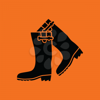 Hunter's rubber boots icon. Orange background with black. Vector illustration.