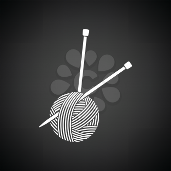 Yarn ball with knitting needles icon. Black background with white. Vector illustration.