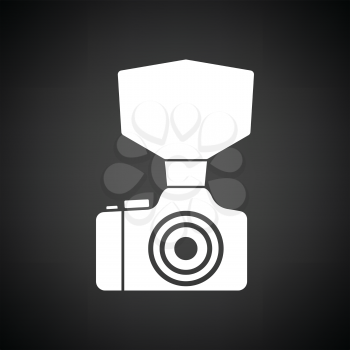 Camera with fashion flash icon. Black background with white. Vector illustration.