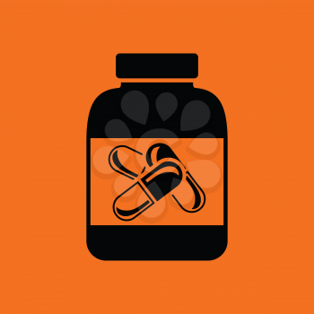 Fitness pills in container icon. Orange background with black. Vector illustration.