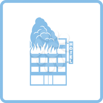 Hotel building in fire icon. Blue frame design. Vector illustration.