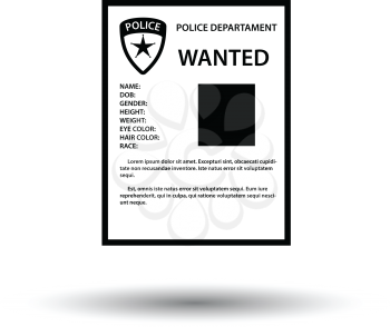 Wanted poster icon. White background with shadow design. Vector illustration.