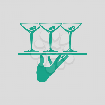 Waiter hand holding tray with martini glasses icon. Gray background with green. Vector illustration.