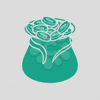 Open money bag icon. Gray background with green. Vector illustration.