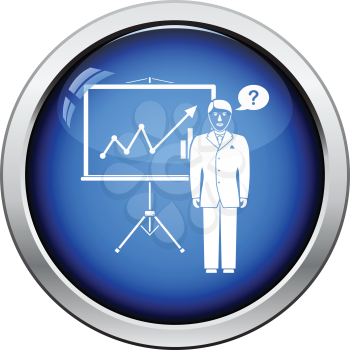 Clerk near analytics stand icon. Glossy button design. Vector illustration.