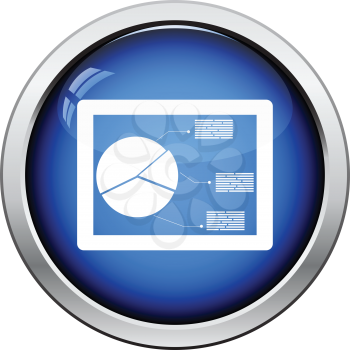 Tablet with analytics diagram icon. Glossy button design. Vector illustration.