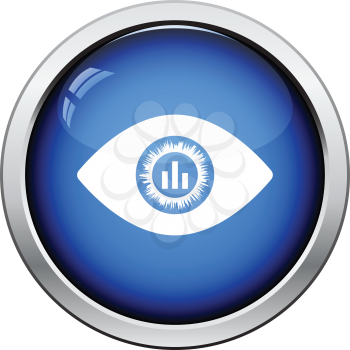 Eye with market chart inside pupil icon. Glossy button design. Vector illustration.
