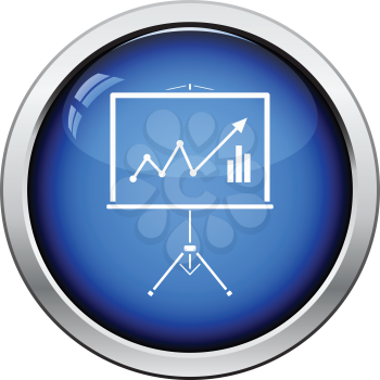 Analytics stand icon. Glossy button design. Vector illustration.