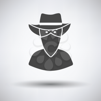 Cowboy with a scarf on face icon on gray background, round shadow. Vector illustration.