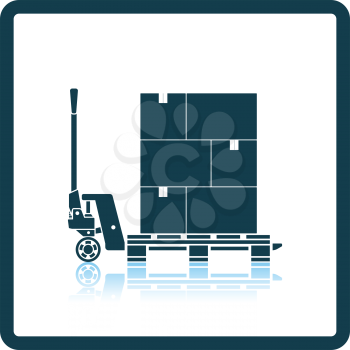 Hand hydraulic pallet truc with boxes icon. Shadow reflection design. Vector illustration.