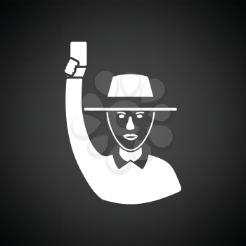 Cricket umpire with hand holding card icon. Black background with white. Vector illustration.