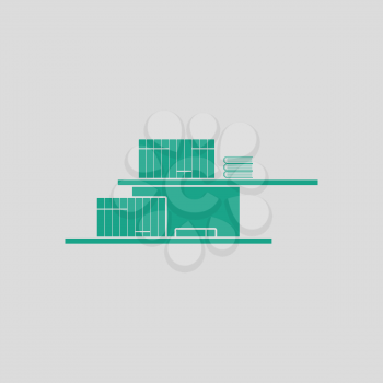 Wall bookshelf icon. Gray background with green. Vector illustration.