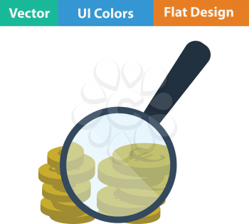 Magnifying over coins stack icon. Flat design. Vector illustration.