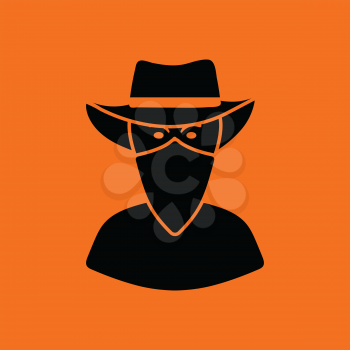 Cowboy with a scarf on face icon. Orange background with black. Vector illustration.