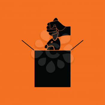 Rabbit in magic box icon. Orange background with black. Vector illustration.