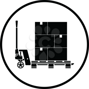 Hand hydraulic pallet truc with boxes icon. Thin circle design. Vector illustration.