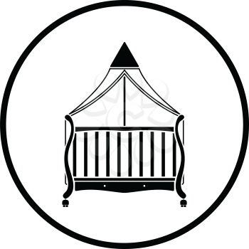 Crib with canopy icon. Thin circle design. Vector illustration.