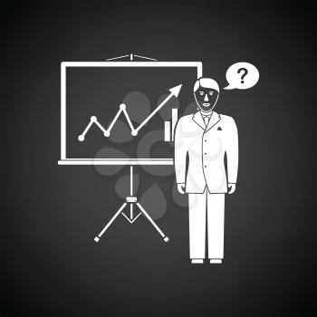 Clerk near analytics stand icon. Black background with white. Vector illustration.