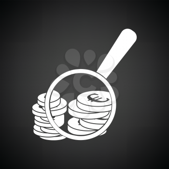 Magnifying over coins stack icon. Black background with white. Vector illustration.