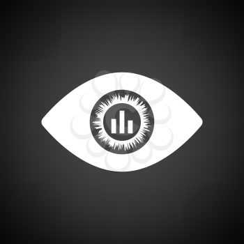 Eye with market chart inside pupil icon. Black background with white. Vector illustration.