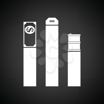 Oil, dollar and gold chart concept icon. Black background with white. Vector illustration.