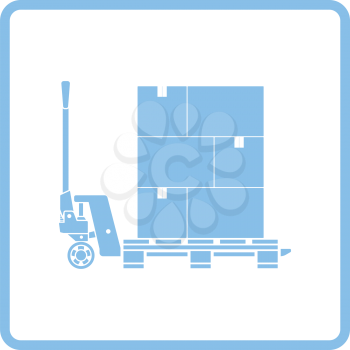 Hand hydraulic pallet truc with boxes icon. Blue frame design. Vector illustration.